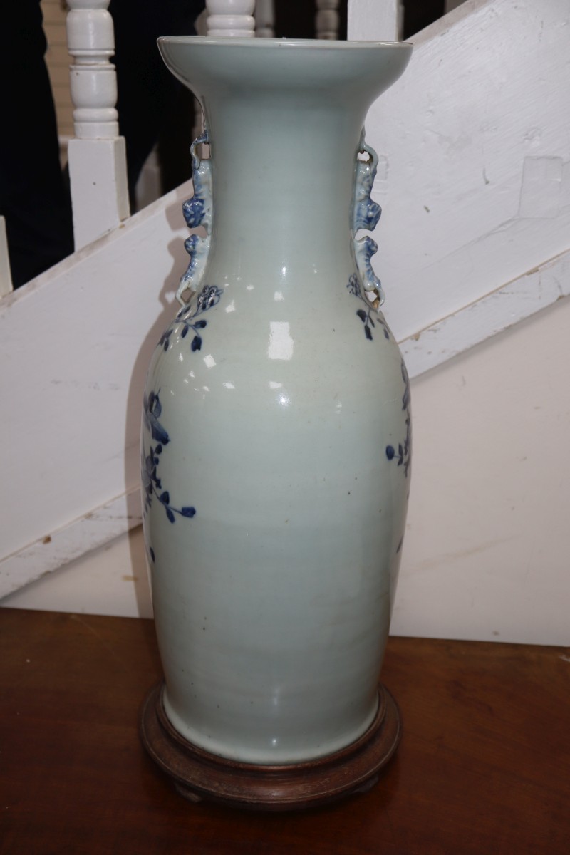 A Chinese blue and white vase and stand (drilled for electricity), glued to stand, overall height 63cm